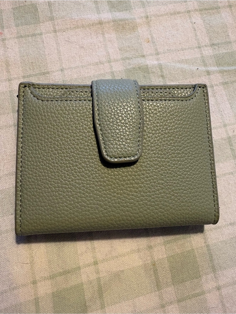 Olive Green Pebbled Leather Snap Wallet. Genuine Leather
